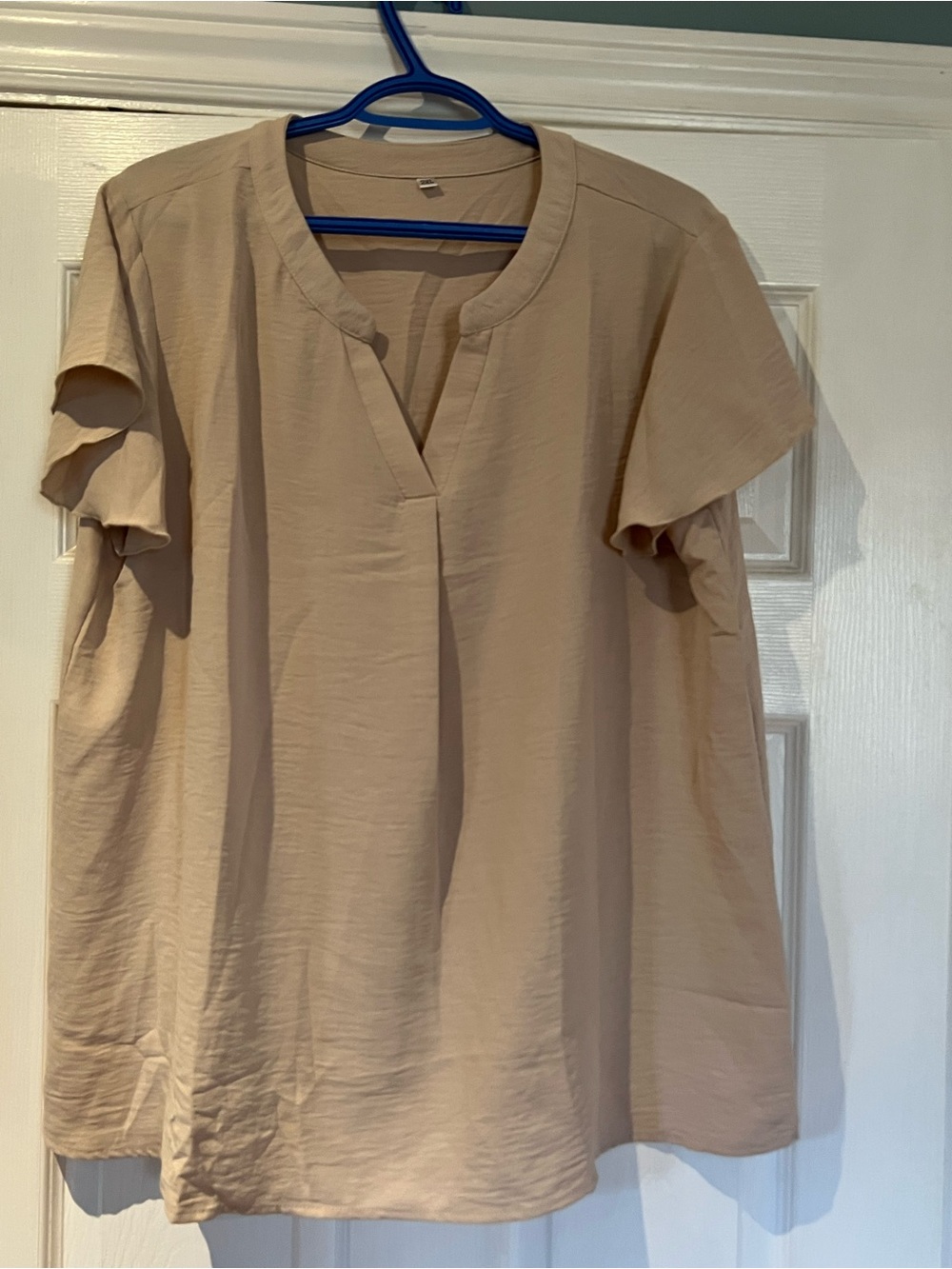 Amazon Women's Split-Neck Short Sleeve Blouse in Beige